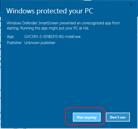 След това използвайте бутона Run anyway, за да стартирате инсталатора на програма за автосервиз GVCarService.
